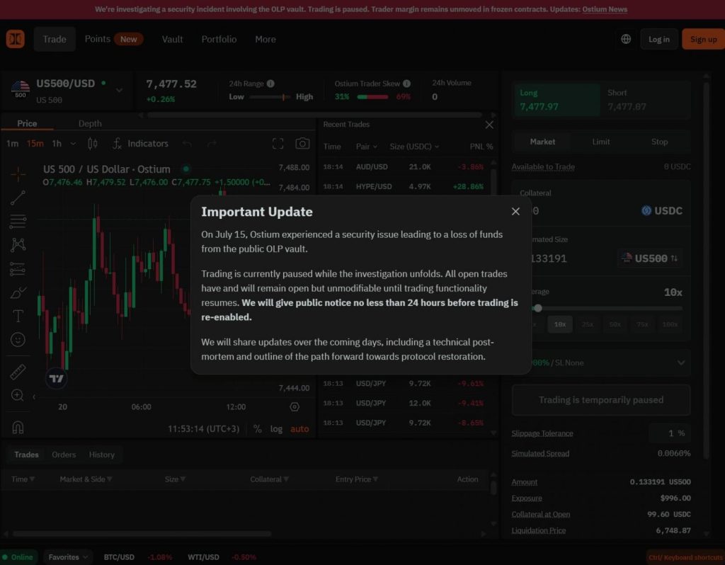 Notice penghentian sementara trading pada halaman Ostium