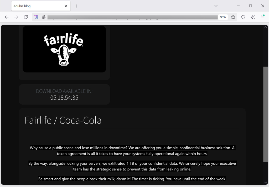 Tampilan Fairlife pada situs kebocoran data Anubis