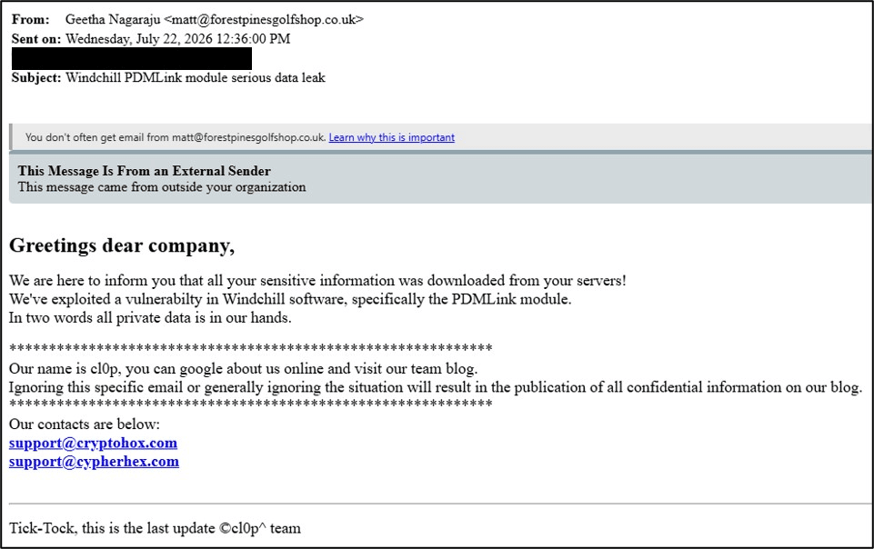 Email pemerasan Clop terkait kampanye PTC Windchill dan FlexPLM