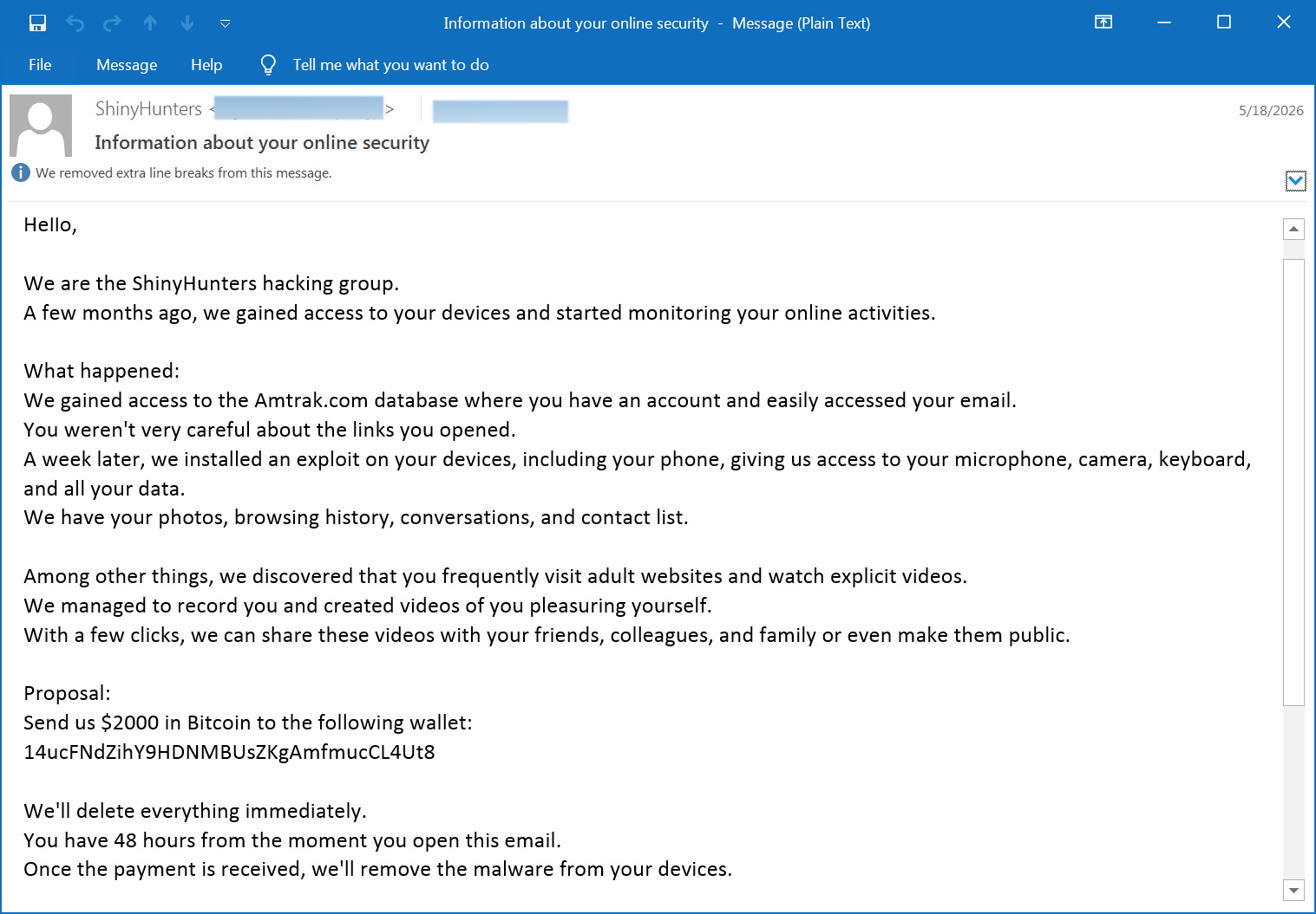 Contoh email sextortion yang mengatasnamakan ShinyHunters