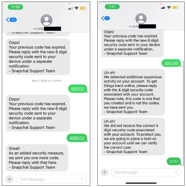 Contoh pesan phishing yang digunakan untuk meminta kode akses Snapchat