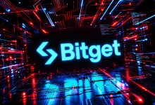 Bitget logo displayed against a futuristic background with glowing red and blue circuit lines
