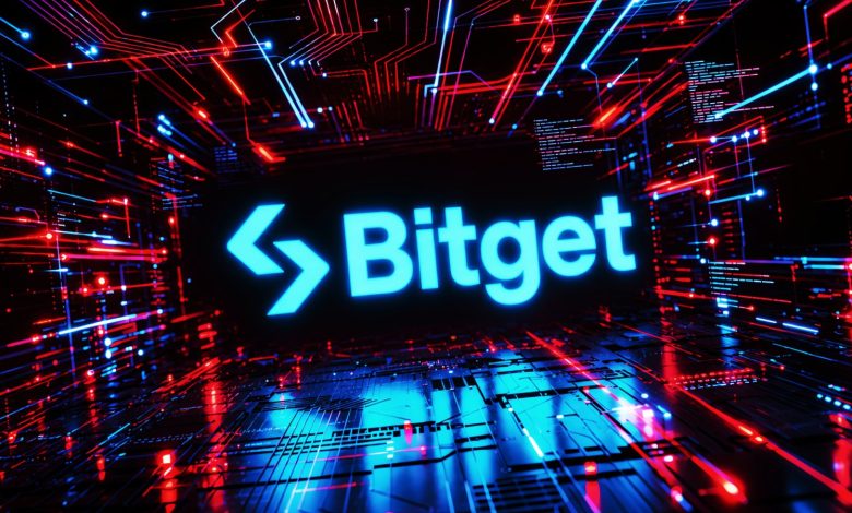 Bitget logo displayed against a futuristic background with glowing red and blue circuit lines