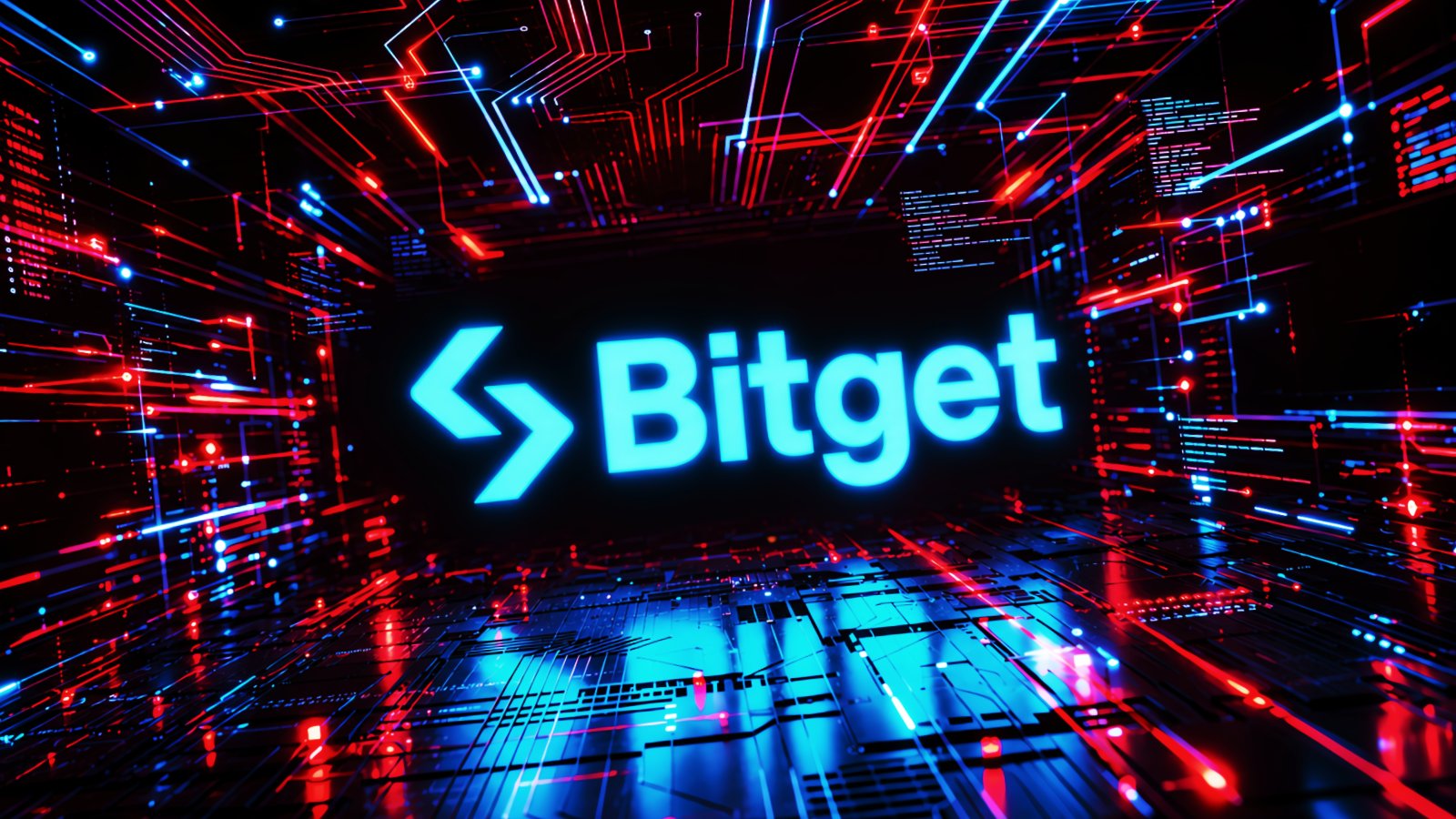 Bitget logo displayed against a futuristic background with glowing red and blue circuit lines